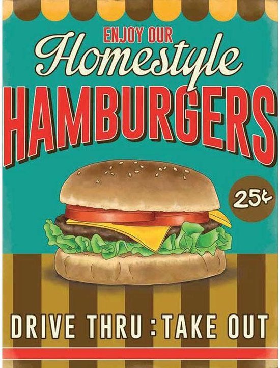 Metalen Wandbord Home Style Hamburgers - 20 x 30 cm