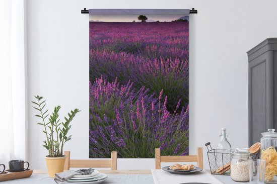 Tapisserie Lavande - Champ de lavande illuminé au coucher du soleil en France Tapisserie coton 90x135 cm - Tapisserie avec photo