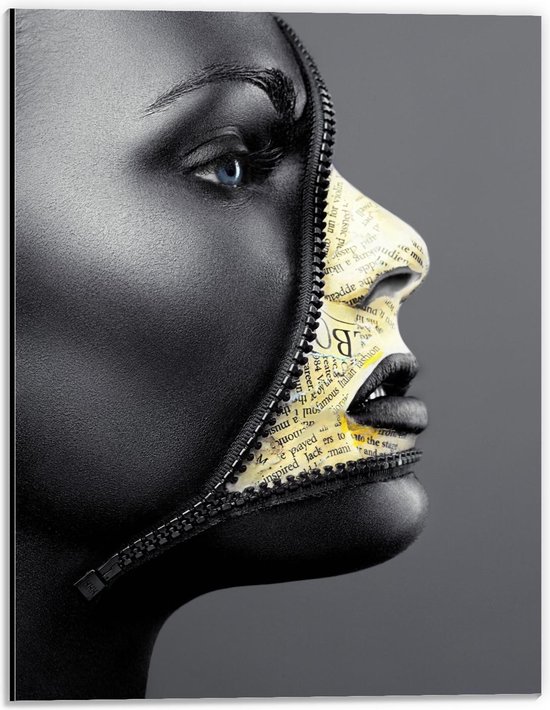 Dibond - Half Gouden Vrouw met Zwart/Wit - 30x40cm Foto op Aluminium (Wanddecoratie van metaal)