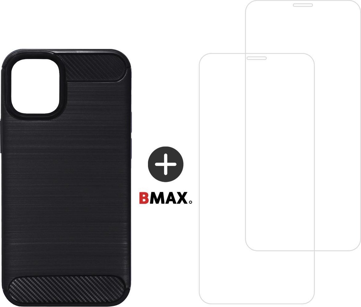 BMAX Telefoonhoesje geschikt voor iPhone 12 - Carbon softcase hoesje zwart - Met 2 screenprotectors