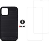 BMAX Telefoonhoesje voor iPhone 12 - Carbon softcase hoesje zwart - Met 2 screenprotectors