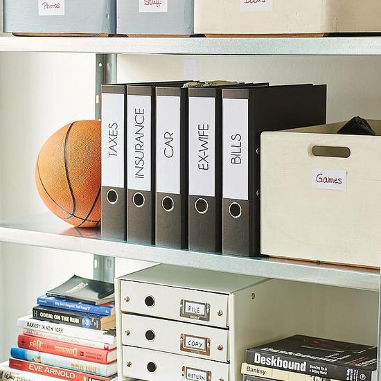 Zes ordners op een metalen plank, met labels 'TAXES', 'INSURANCE', 'CAR', 'EX-WIFE', 'BILLS'. Een basketbal ligt ernaast.