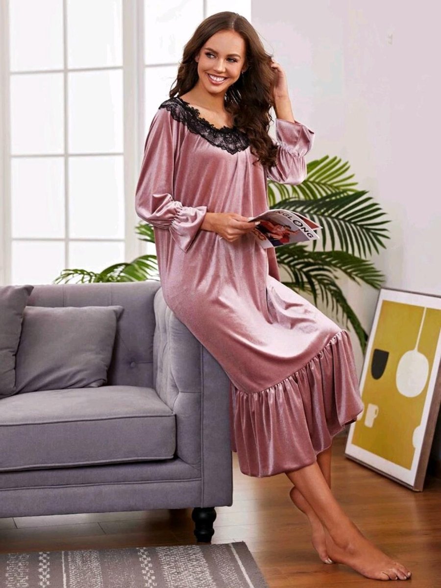 Bordeauxrode kleur geborduurd nachthemd Kleding Dameskleding Pyjamas & Badjassen Nachthemden en tops nachtkleding met fluwelen stof voor vrouwen 