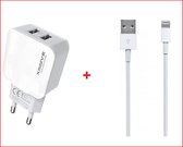 Dubbele USB Poorten Lader Oplader met iPhone / iPad kabel -  iPhone Kabel - Premium Dubbele USB Oplader + lightning kabel van 1 Meter - Apple iPhone 11/11 PRO/ XS/ XR/ X/ iPhone 8/ 8 Plus/ iP