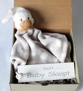 Minibox Duckie, kraamcadeau, knuffeldoek grijs eend, geboorte jongen en/of meisje
