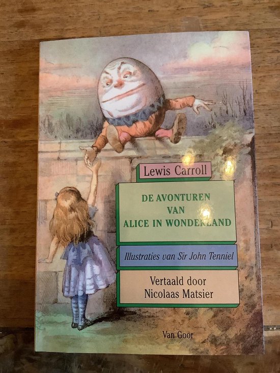 Les aventures d'Alice au pays des Merveilles avec une illustration de Humpty Dumpty et Alice.