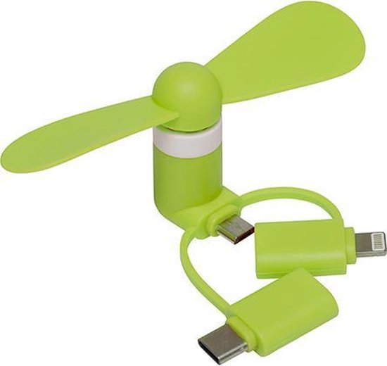 Smartphone ventilator groen 9 cm mini USB micro-USB Lightning koeling energiezuinig compact