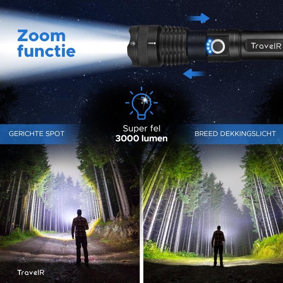 TravelR LED Zaklamp – USB-B Oplaadbaar – Waterproof – 3000 Lumen – 5000 mAh Batterij – Zoomfunctie – Zwart - Merkloos