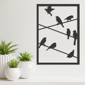 Wanddecoratie - Vogels Op Draad - Dieren - Hout - Wall Art - Muurdecoratie - Woonkamer - Zwart - 41 x 29 cm