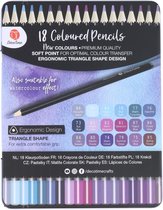 18 Premium kleurpotloden in blik - Decotime - Soft point - Da Vinci - Paars - Blauw - Rose - Grijs Tinten