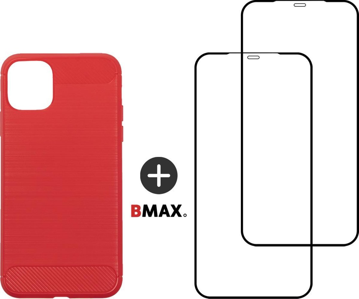 BMAX Telefoonhoesje geschikt voor iPhone 12 Pro Max - Carbon softcase hoesje rood - Met 2 screenprotectors full cover