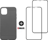 BMAX telefoonhoesje geschikt voor iPhone 12 Pro Max - Carbon softcase hoesje grijs - Met 2 screenprotectors full cover