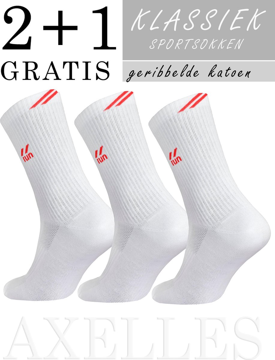Sportsokken, geribbeld enkelboord met logo, wit-rood, 2+1 gratis geschenkset, maat 40/41.