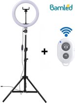 Bamled Ringlamp met statief (verstelbaar) incl telefoonhouder en bluetooth afstandsbediening - 26 cm/10 inch -186 cm hoog - USB - TikTok - Ringlight - flitser - Ring lamp - Vlog -