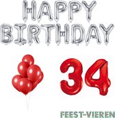 34 jaar Verjaardag Versiering Ballon Pakket Rood & Zilver