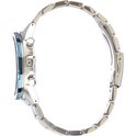 Zijaanzicht van een Seiko herenhorloge met zilverkleurige metalen band.
