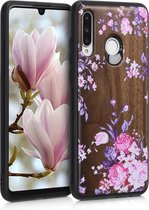 kwmobile telefoonhoesje compatibel met Huawei P30 Lite - Hoesje met bumper in poederroze / paars / bruin - walnoothout - Hout Bloemen design