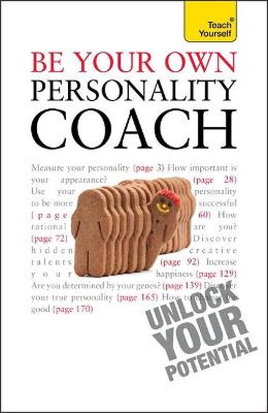 Boek kaft: 'BE YOUR OWN PERSONALITY COACH' met gele 'Teach Yourself' banner. Gebakjes in mensvorm op de voorgrond.