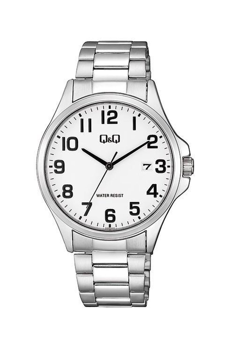 QQ A480J204Y - Horloge - Analoog - Mannen - Heren - stalen band - Rond - Staal - Cijfers - Datumaanduiding - Zilverkleurig - Wit