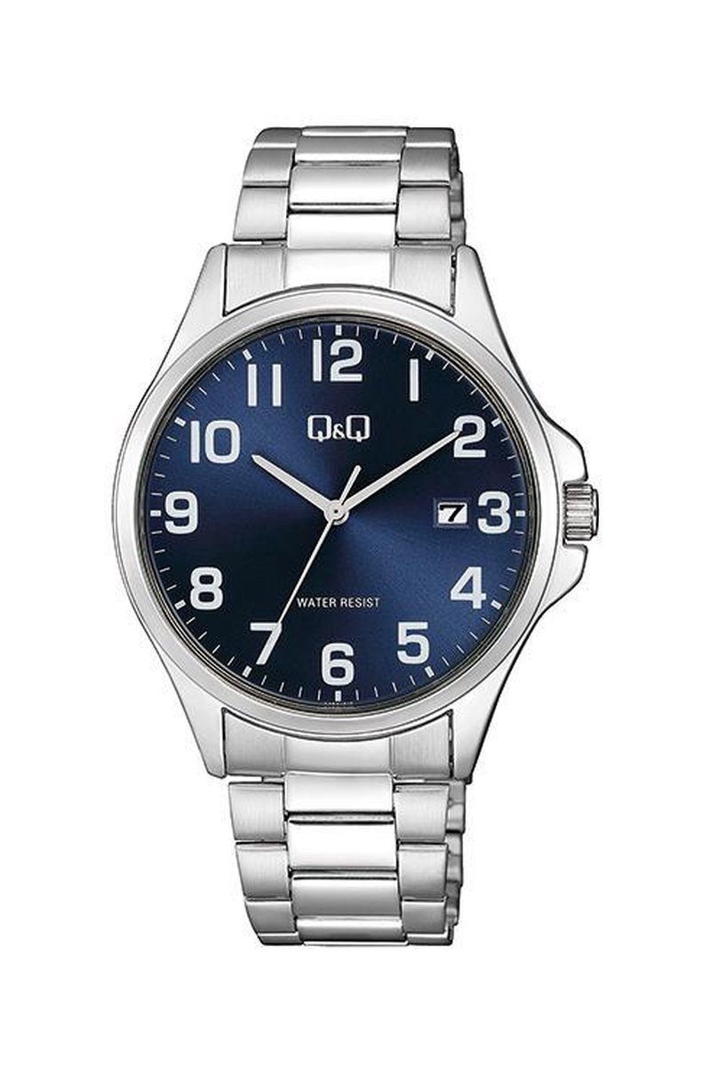 QQ A480J215Y - Horloge - Analoog - Mannen - Heren - stalen band - Rond - Staal - Cijfers - Datumaanduiding - Zilverkleurig - Blauw