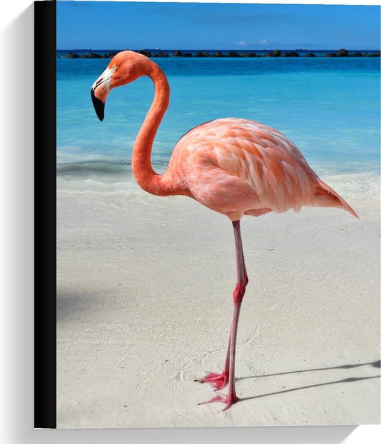Canvas  - Flamingo op Tropisch Strand - 30x40cm Foto op Canvas Schilderij (Wanddecoratie op Canvas)