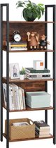 boekenplank, keukenplank, staande plank met 5 open kastniveaus, gang, keuken, kantoor, stabiel stalen frame, industrieel ontwerp, vintage bruin-zwart LLS025B01