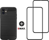 BMAX Telefoonhoesje geschikt voor iPhone 11 - Carbon softcase hoesje zwart - Met 2 screenprotectors full cover