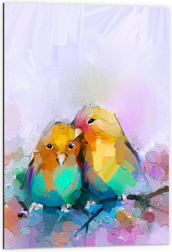Dibond - Schilderij van Geel/Blauwe Vogeltjes - Foto op Aluminium (Wanddecoratie van metaal)