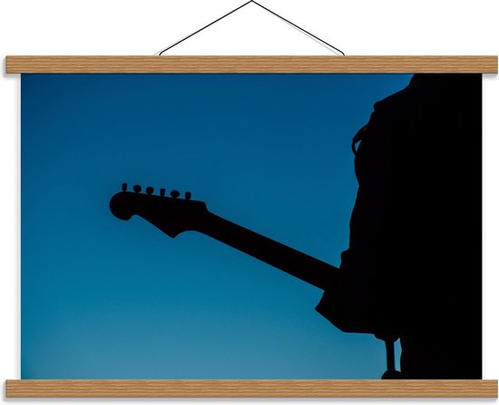 Schoolplaat – Silhouet van Gitarist op Blauwe Achtergrond - 60x40cm Foto op Textielposter (Wanddecoratie op Schoolplaat)