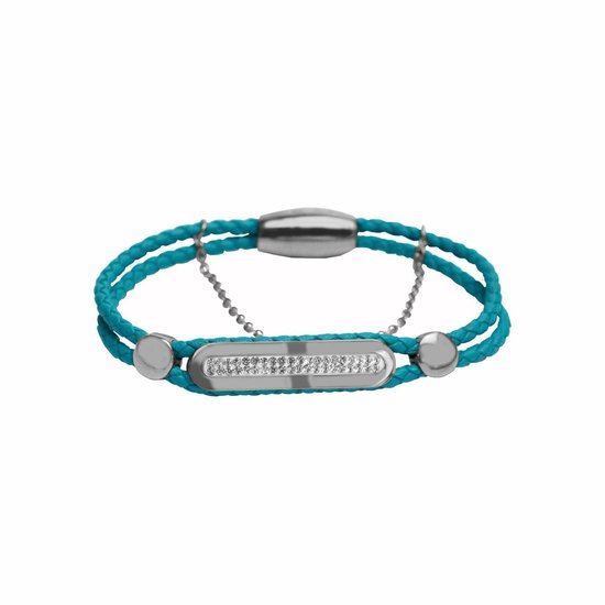 Silventi 980101654 Stalen Armband - Dames - Gevlochten - Met kristal - Magneet Sluiting - Lichtblauw - 19cm - Zilverkleurig - Leer