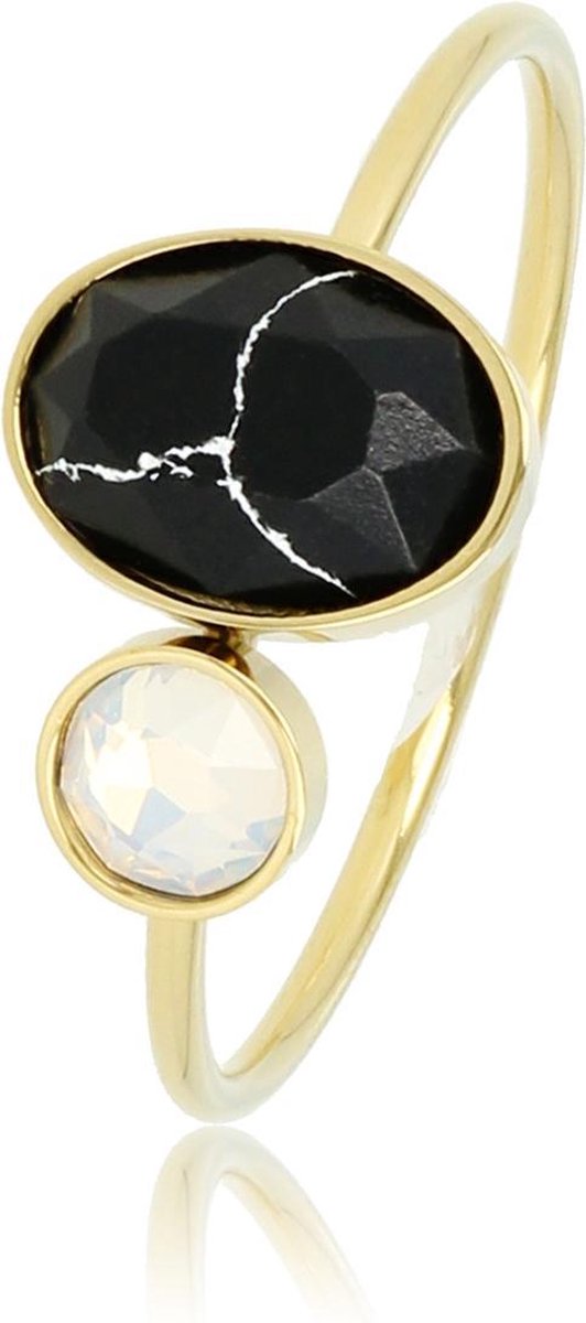 My Bendel - Mooie ring met zwarte en quartz glassteen - Fijne aanschuifring met zwarte en quartz glassteen, gemaakt van mooi blijvend edelstaal - Met luxe cadeauverpakking