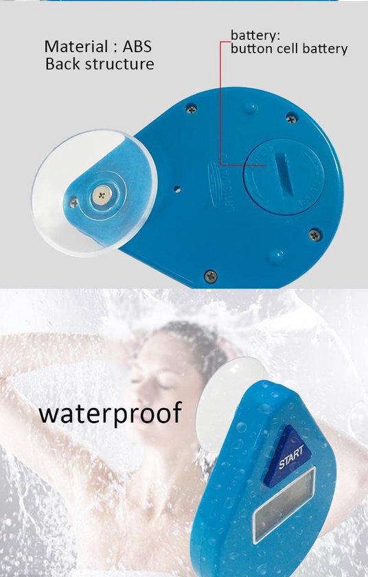 Douchewekker Waterproof - Douchetimer - Doucheklok - Showertimer - Digitale Badkamerklok - voor Douche, Bad en Keuken - Blauw - Merkloos