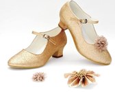 Prinsessen schoenen goud glitter communie schoentjes met hakken + GRATIS bloemclips (maat 30 - 20cm)
