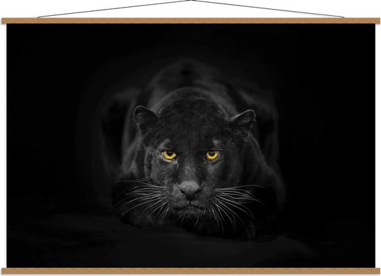 Schoolplaat – Zwarte Panter met Gele Ogen - 150x100cm Foto op Textielposter (Wanddecoratie op Schoolplaat)