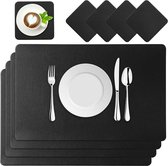 Placemats | 4 Stuks | Zwart | Waterdicht | Afwasbaar | 30x45cm | 4 Glas Onderzetters | PU Leder