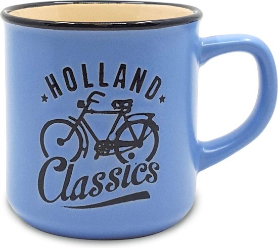 Blauwe mok met zwarte opdruk 'HOLLAND Classics' en een fiets.
