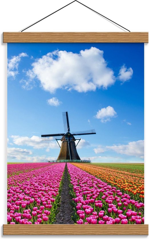 Schoolplaat – Tulpen Veld bij Molen - 30x40cm Foto op Textielposter (Wanddecoratie op Schoolplaat)