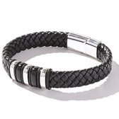 Dubbel Gevlochten Leren Armband met Zilver kleurige Accenten - Zwart - Armband Heren - Armband Mannen - Valentijnsdag voor Mannen - Valentijn Cadeautje voor Hem - Valentijn Cadeaut