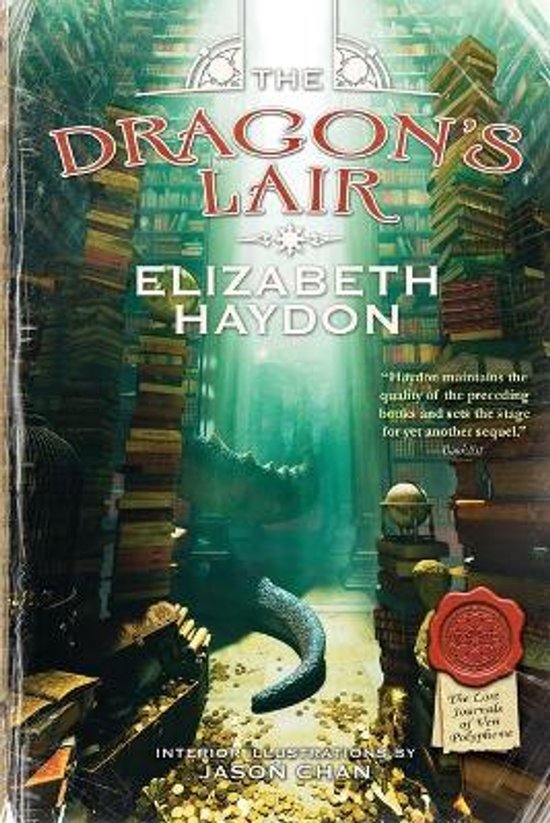 Boekomslag van 'The Dragon's Lair' van Elizabeth Haydon, met een draak in een bibliotheek.