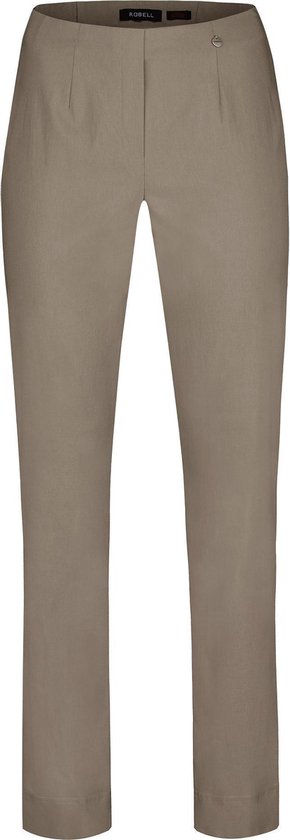 Pantalon Robell taupe avec fermeture boutonnée et jambe droite jusqu'à la cheville.