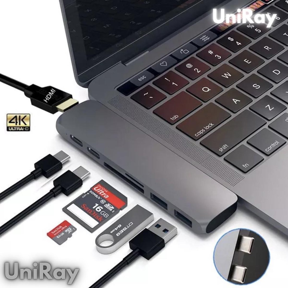 UniRay - 7 in 1 - MacBook Pro USB-C Hub met HDMI 4K, Thunderbolt 3 - USB 3.0, USB-C, SD kaartlezers - Docking Station - Space Gray - UniRay