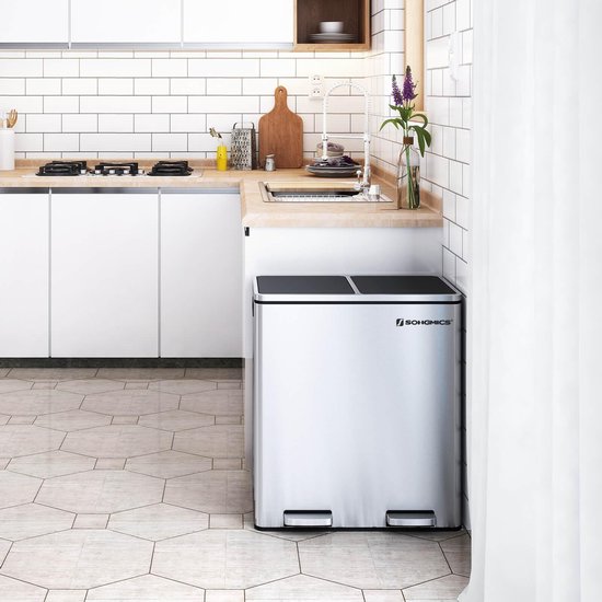 SONGMICS Mülleimer Küche, 2 x 20 L, Mülltrennsystem 2 Fächer, Abfalleimer Metall, Treteimer, Inneneimer aus Kunststoff, Softclose-Deckel, mit Griffen