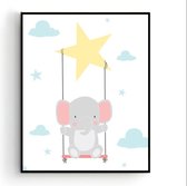 Poster Olifant op de Schommel Ster - Kinderkamer - Dieren Poster - Babykamer / Kinderposter - Babyshower Cadeau - Muurdecoratie - 70x50cm - Postercity