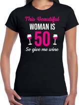 Verjaardag t-shirt 50 jaar - this beautiful woman is 50 give wine - zwart - dames - vijftig jaar cadeau shirt XS
