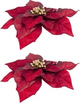 2x stuks decoratie bloemen kerststerren donkerrood op clip 18 cm - Decoratiebloemen/kerstboomversiering/kerstversiering