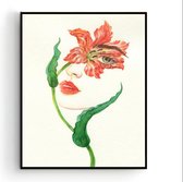 Poster Vrouw met Rode Bloem en 2 Bladeren - Planten Bloemen Poster - Art / Kunst -Muurdecoratie - 40x30cm A3 - Postercity