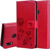 Rose reliëf horizontale flip PU lederen hoes voor Huawei P Smart 2019, met houder en kaartsleuven en portemonnee (rood)