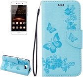 Voor Huawei Y5II Geperst Bloemen Vlinderpatroon Horizontale Flip Leren Case met Magnetische Gesp & Houder & Kaartsleuven & Portemonnee (Blauw)