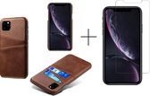 Card Case voor Apple iPhone 12 | PU Leren Back Cover | Luxe Telefoonhoesje | Pasjeshouder | Bruin + 1x screenprotector