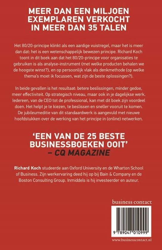 Boekomslag met tekst over het 80/20-principe, Richard Koch en CQ Magazine.